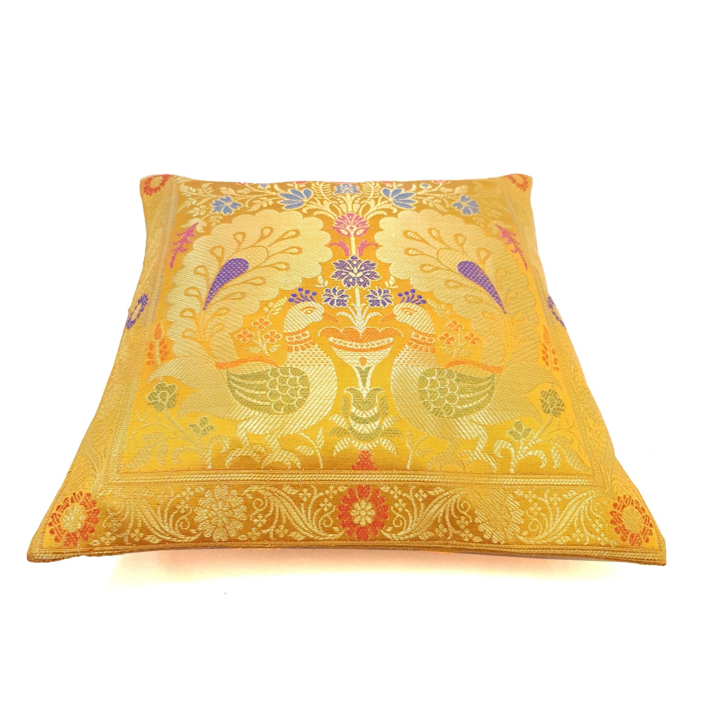Mustard 12x12 Inch Cushion Cover Indian Banarasi Woven Peacock Zari Brocade Silk