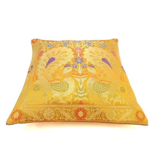 Mustard 12x12 Inch Cushion Cover Indian Banarasi Woven Peacock Zari Brocade Silk