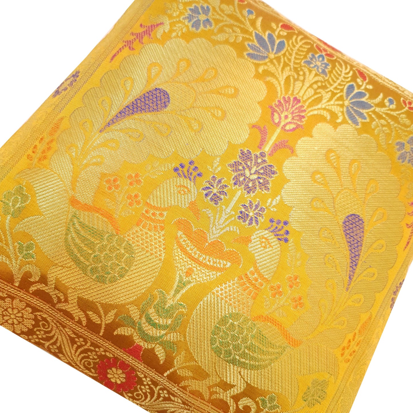 Mustard 12x12 Inch Cushion Cover Indian Banarasi Woven Peacock Zari Brocade Silk