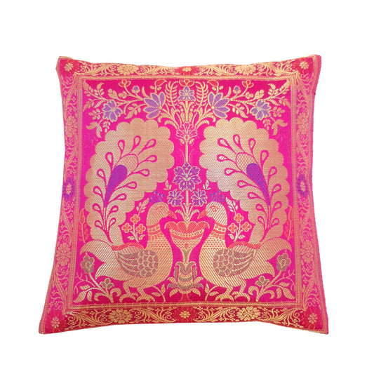 12x12 Inch Cushion Cover Indian Pink Banarasi Woven Peacock Zari Brocade Silk