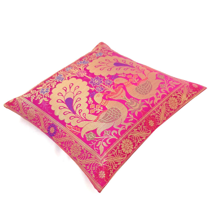 12x12 Inch Cushion Cover Indian Pink Banarasi Woven Peacock Zari Brocade Silk