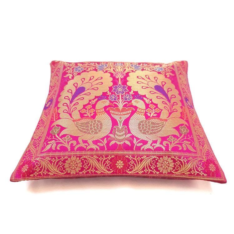 12x12 Inch Cushion Cover Indian Pink Banarasi Woven Peacock Zari Brocade Silk