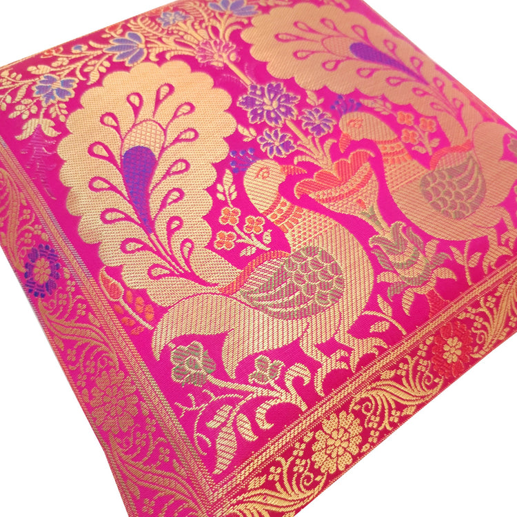 12x12 Inch Cushion Cover Indian Pink Banarasi Woven Peacock Zari Brocade Silk