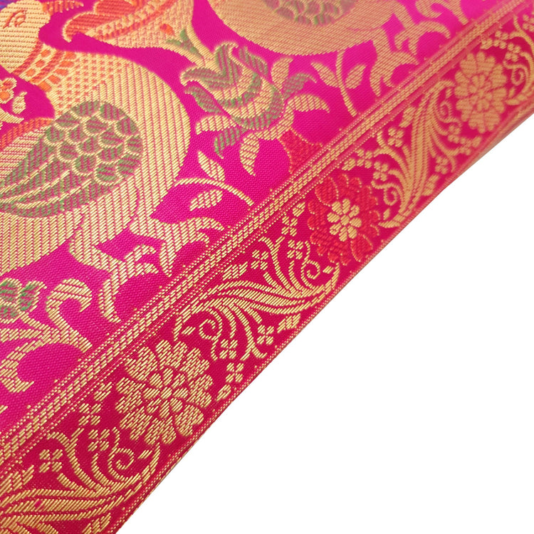 12x12 Inch Cushion Cover Indian Pink Banarasi Woven Peacock Zari Brocade Silk