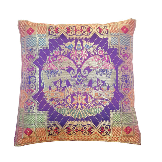 12x12 Inch Purple Cushion Cover Banarasi Decor Elephant Woven Zari Brocade Silk