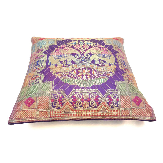 12x12 Inch Purple Cushion Cover Banarasi Decor Elephant Woven Zari Brocade Silk