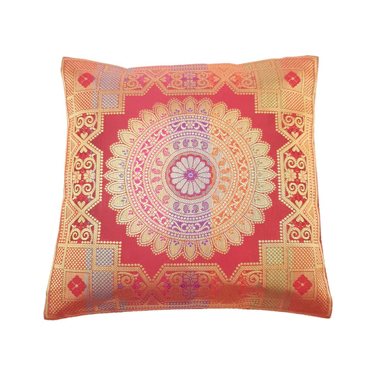 12x12 Inch Cushion Covers Indian Banarasi Mandala Woven Zari Brocade Silk Maroon