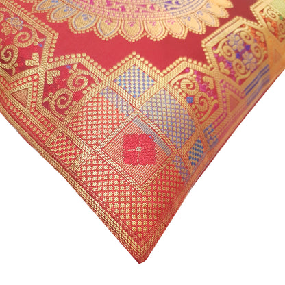 12x12 Inch Cushion Covers Indian Banarasi Mandala Woven Zari Brocade Silk Maroon