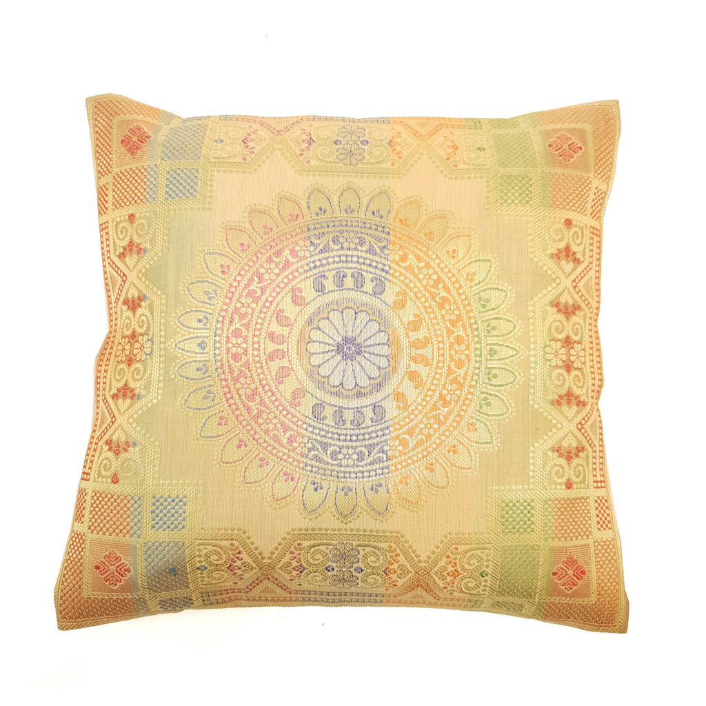 12x12 Inch Beige Cushion Covers Indian Banarasi Mandala Woven Zari Brocade Silk
