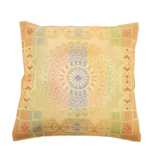 12x12 Inch Beige Cushion Covers Indian Banarasi Mandala Woven Zari Brocade Silk