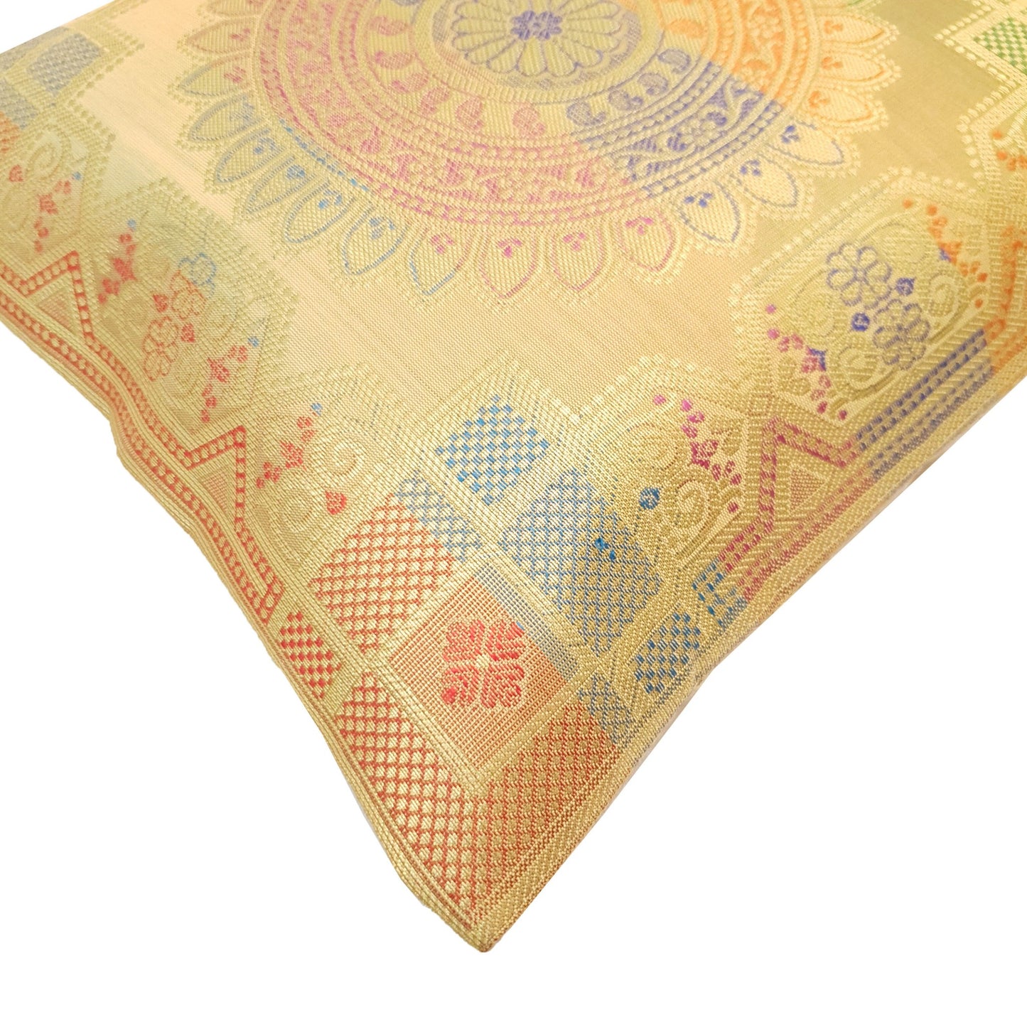 12x12 Inch Beige Cushion Covers Indian Banarasi Mandala Woven Zari Brocade Silk