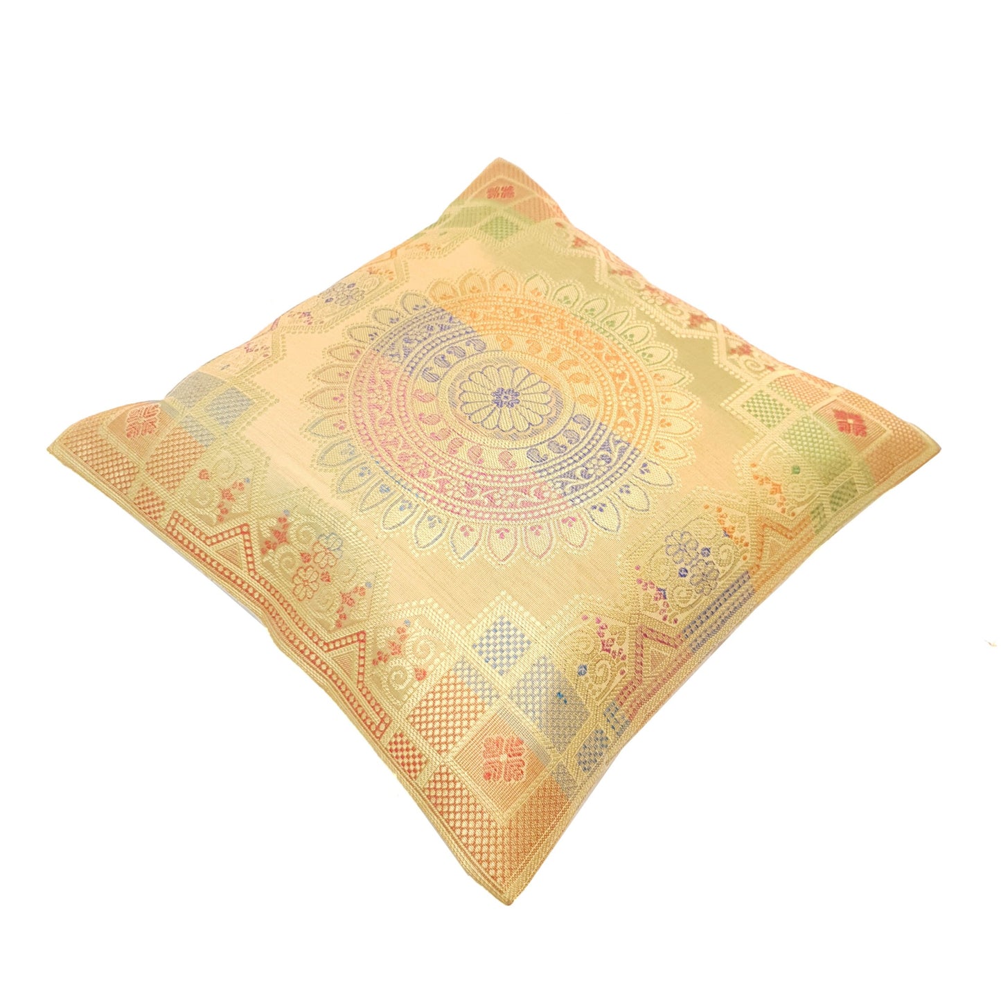 12x12 Inch Beige Cushion Covers Indian Banarasi Mandala Woven Zari Brocade Silk