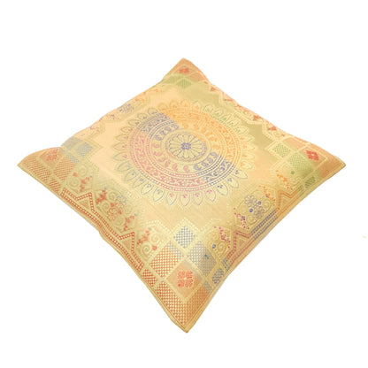 12x12 Inch Beige Cushion Covers Indian Banarasi Mandala Woven Zari Brocade Silk