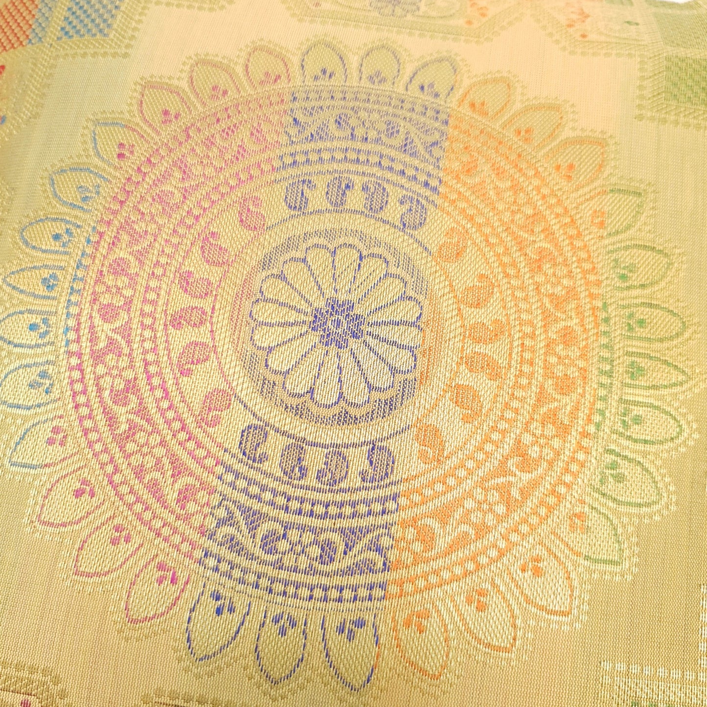 12x12 Inch Beige Cushion Covers Indian Banarasi Mandala Woven Zari Brocade Silk