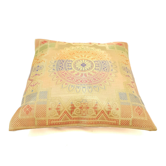 12x12 Inch Beige Cushion Covers Indian Banarasi Mandala Woven Zari Brocade Silk