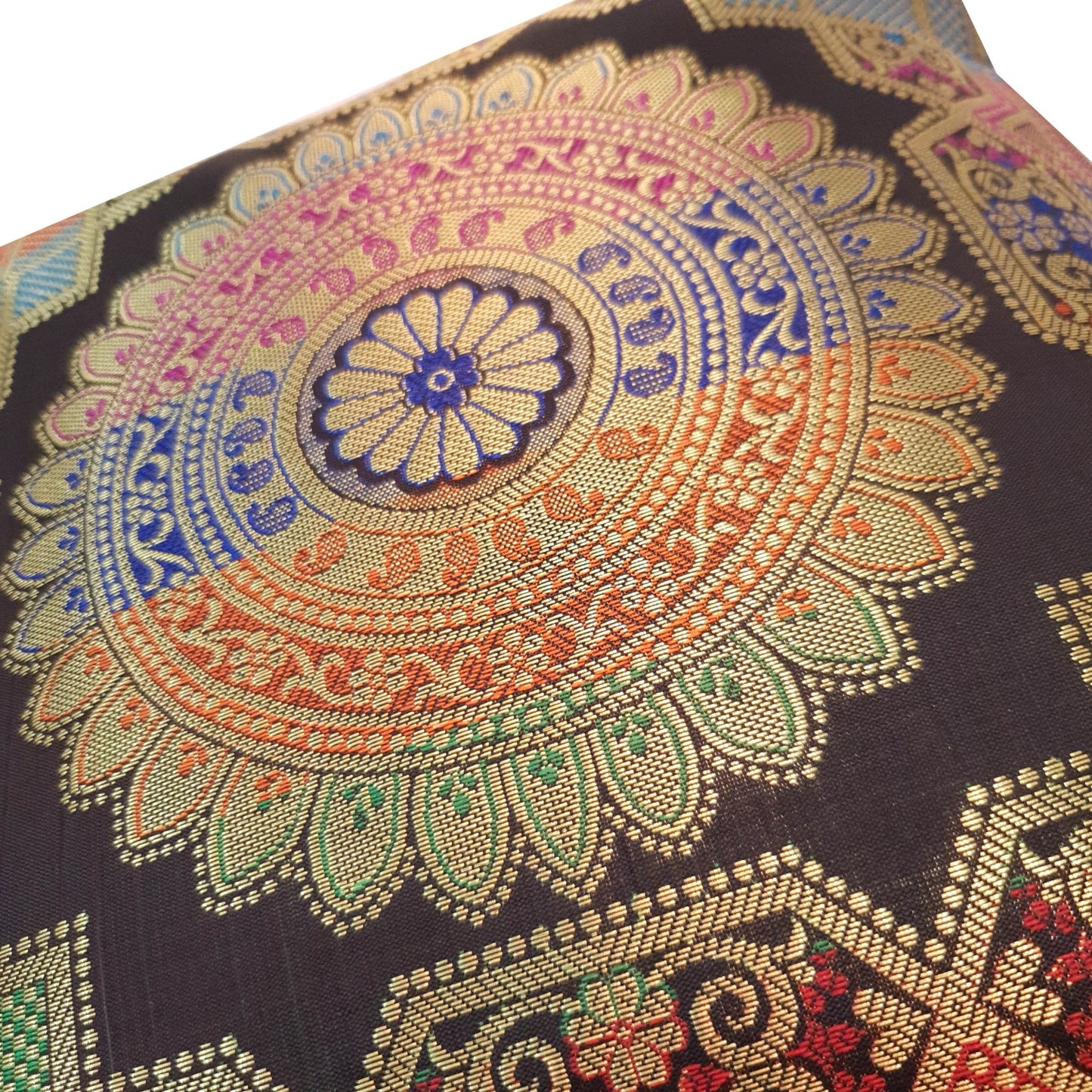 12x12 Inch Cushion Covers Black Indian Banarasi Mandala Woven Zari Brocade Silk
