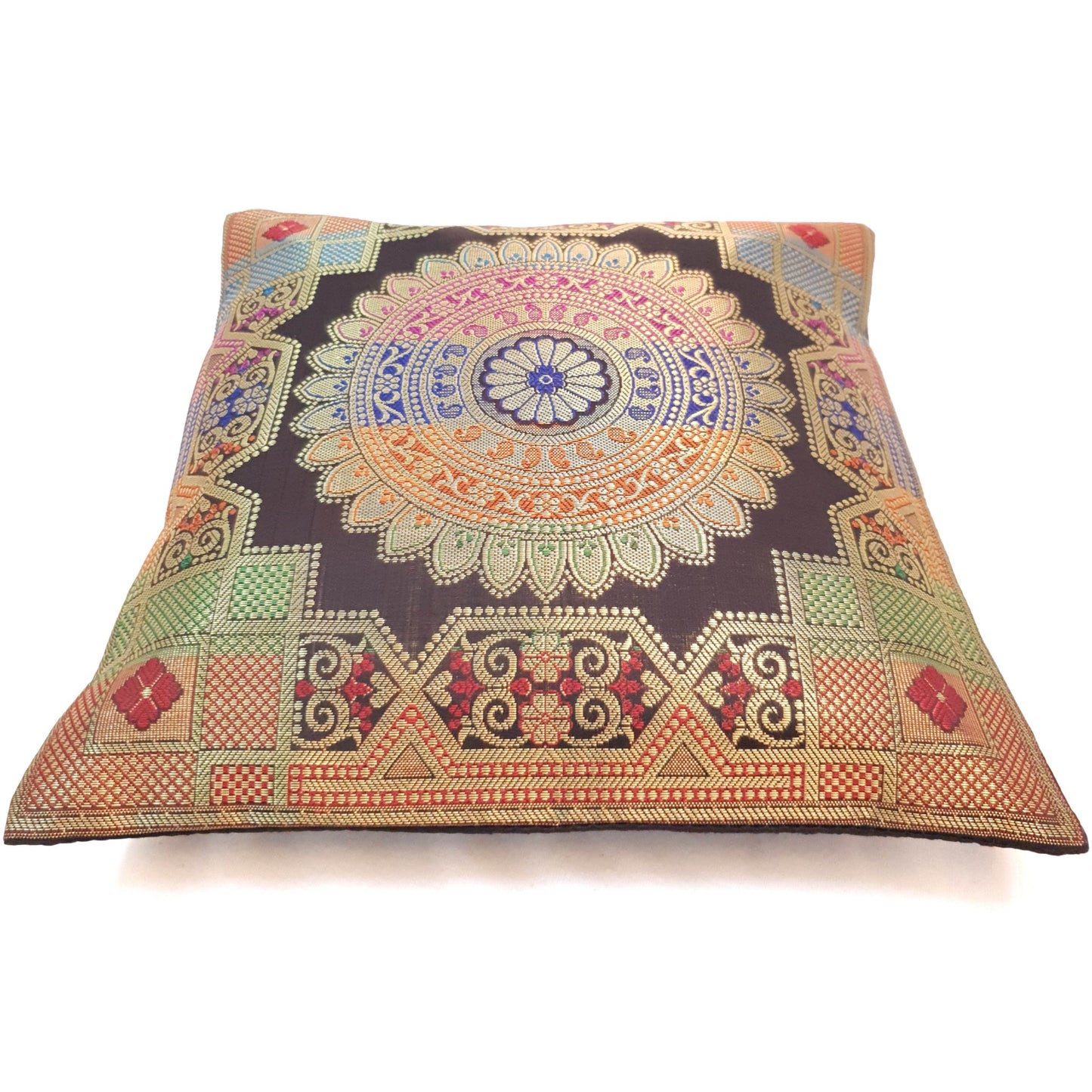 12x12 Inch Cushion Covers Black Indian Banarasi Mandala Woven Zari Brocade Silk