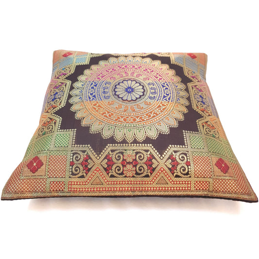 12x12 Inch Cushion Covers Black Indian Banarasi Mandala Woven Zari Brocade Silk
