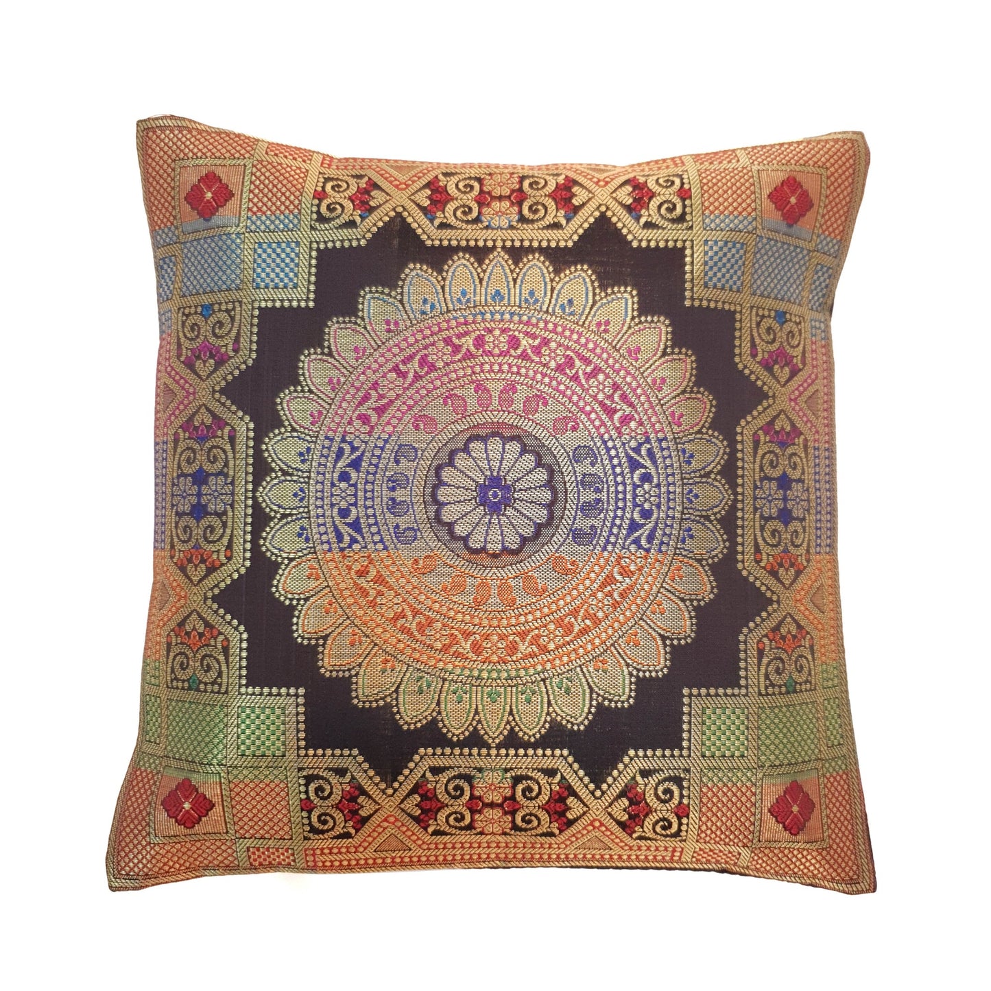 12x12 Inch Cushion Covers Black Indian Banarasi Mandala Woven Zari Brocade Silk