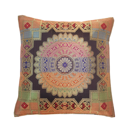 12x12 Inch Cushion Covers Black Indian Banarasi Mandala Woven Zari Brocade Silk