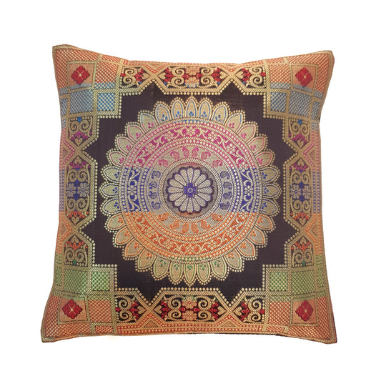 12x12 Inch Cushion Covers Black Indian Banarasi Mandala Woven Zari Brocade Silk