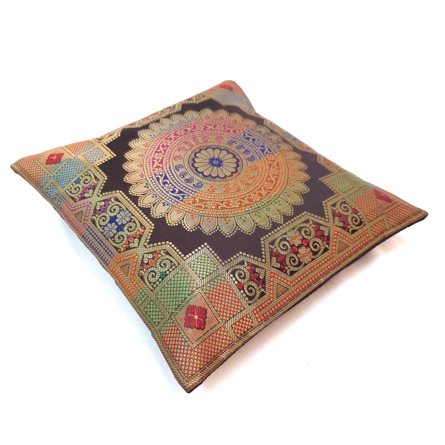 12x12 Inch Cushion Covers Black Indian Banarasi Mandala Woven Zari Brocade Silk