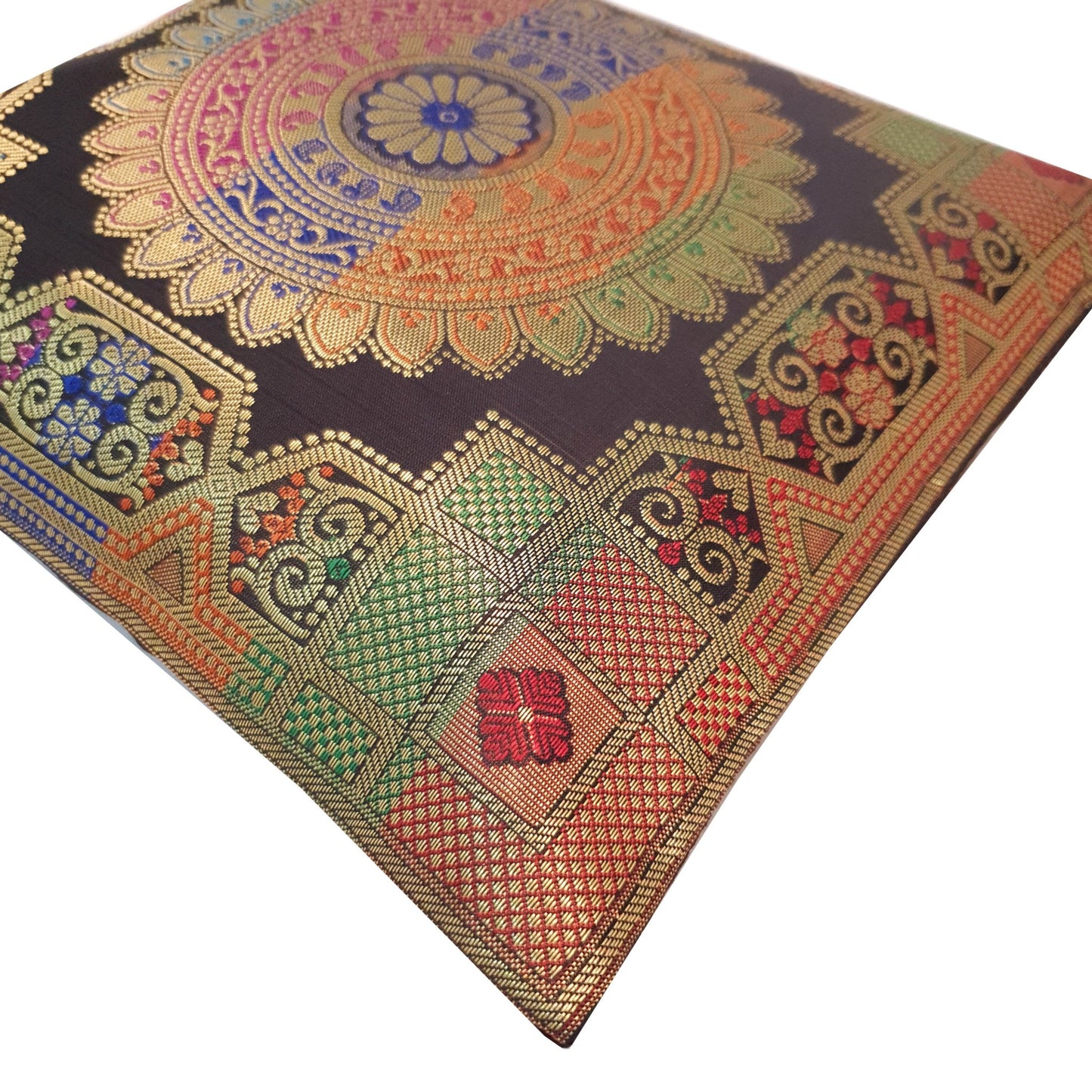 12x12 Inch Cushion Covers Black Indian Banarasi Mandala Woven Zari Brocade Silk