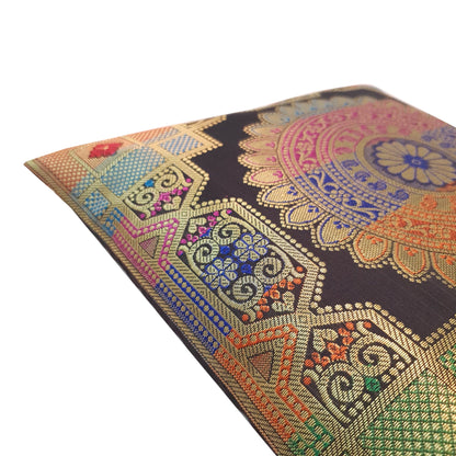 12x12 Inch Cushion Covers Black Indian Banarasi Mandala Woven Zari Brocade Silk