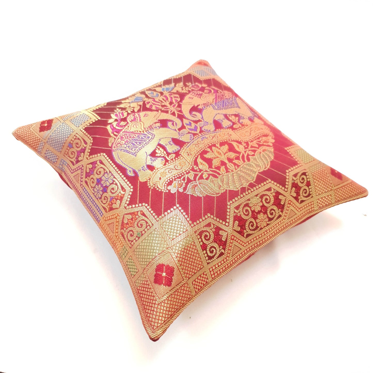 12x12 Inch Maroon Cushion Cover Banarasi Decor Elephant Woven Zari Brocade Silk