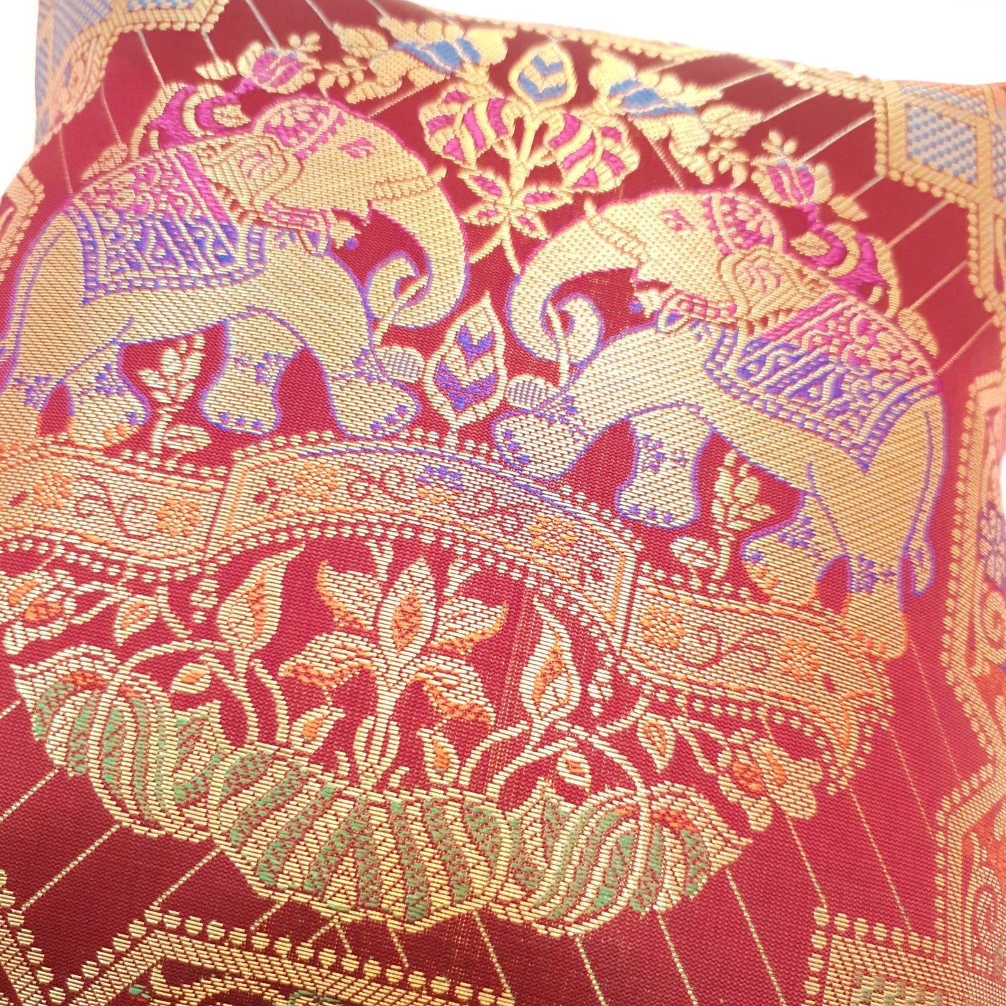 12x12 Inch Maroon Cushion Cover Banarasi Decor Elephant Woven Zari Brocade Silk