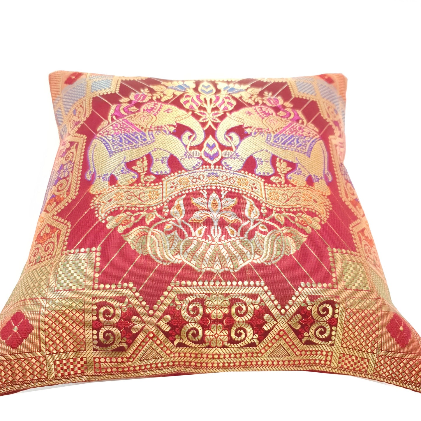 12x12 Inch Maroon Cushion Cover Banarasi Decor Elephant Woven Zari Brocade Silk