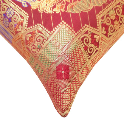 12x12 Inch Maroon Cushion Cover Banarasi Decor Elephant Woven Zari Brocade Silk