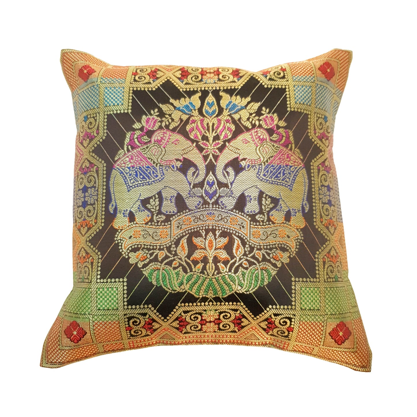 Black 12x12 Inch Cushion Cover Banarasi Decor Elephant Woven Zari Brocade Silk