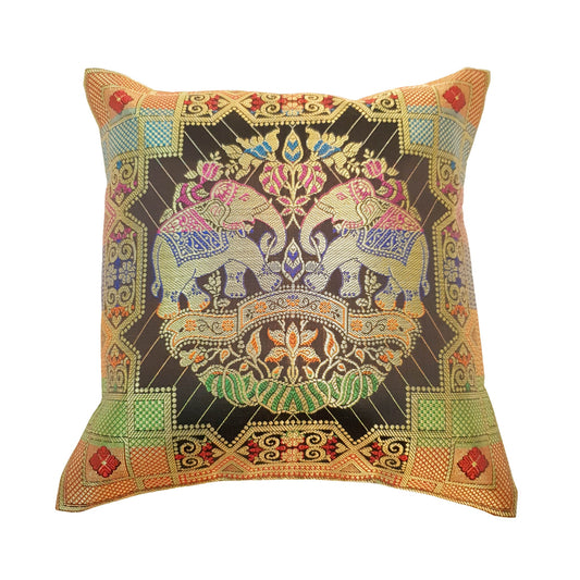 Black 12x12 Inch Cushion Cover Banarasi Decor Elephant Woven Zari Brocade Silk