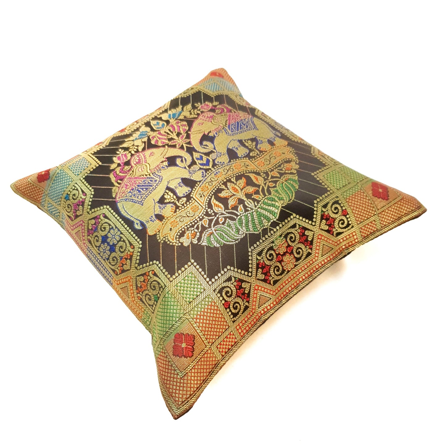 Black 12x12 Inch Cushion Cover Banarasi Decor Elephant Woven Zari Brocade Silk