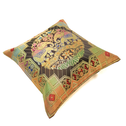 Black 12x12 Inch Cushion Cover Banarasi Decor Elephant Woven Zari Brocade Silk