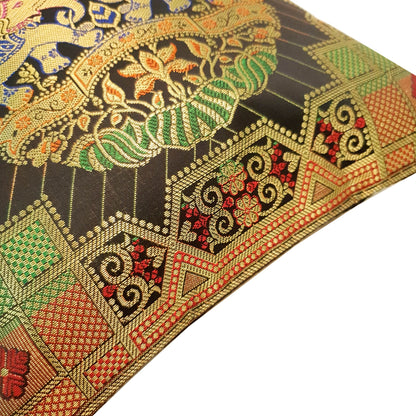Black 12x12 Inch Cushion Cover Banarasi Decor Elephant Woven Zari Brocade Silk