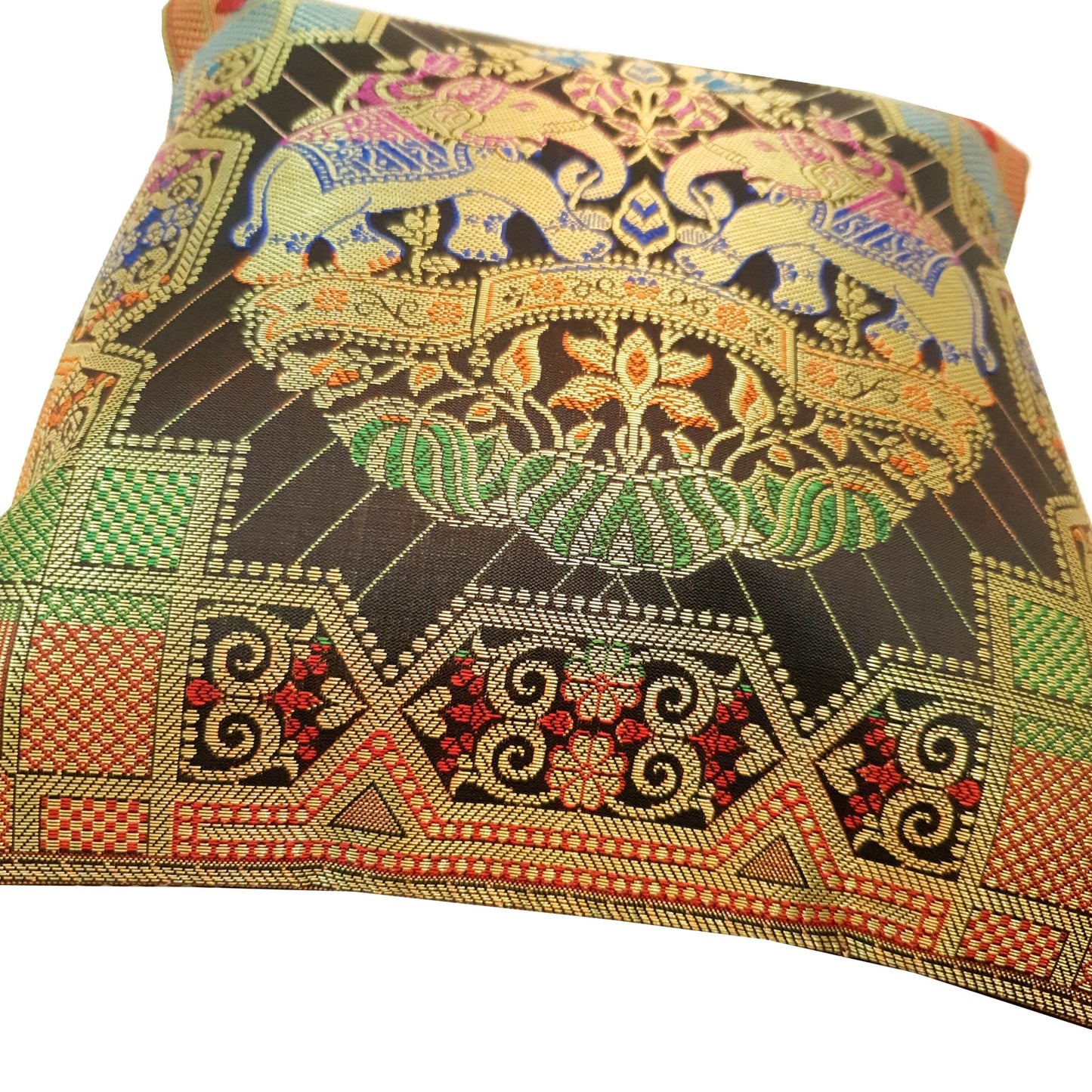 Black 12x12 Inch Cushion Cover Banarasi Decor Elephant Woven Zari Brocade Silk