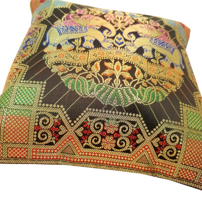 Black 12x12 Inch Cushion Cover Banarasi Decor Elephant Woven Zari Brocade Silk