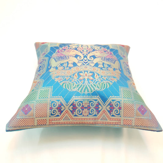 12x12 Inch Cushion Cover Banarasi Turquoise Blue Elephant Woven Brocade Silk