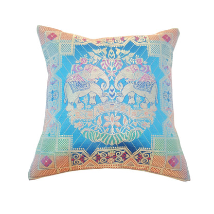 12x12 Inch Cushion Cover Banarasi Turquoise Blue Elephant Woven Brocade Silk