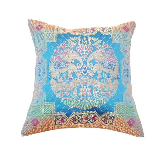 12x12 Inch Cushion Cover Banarasi Turquoise Blue Elephant Woven Brocade Silk