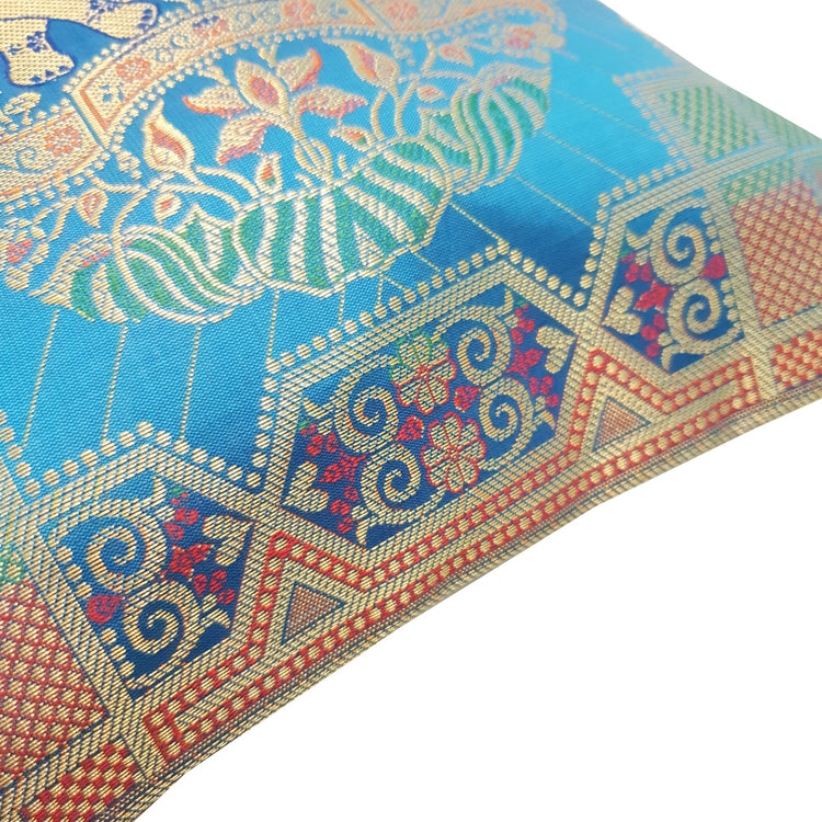 12x12 Inch Cushion Cover Banarasi Turquoise Blue Elephant Woven Brocade Silk