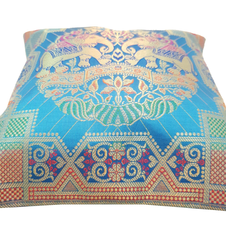 12x12 Inch Cushion Cover Banarasi Turquoise Blue Elephant Woven Brocade Silk