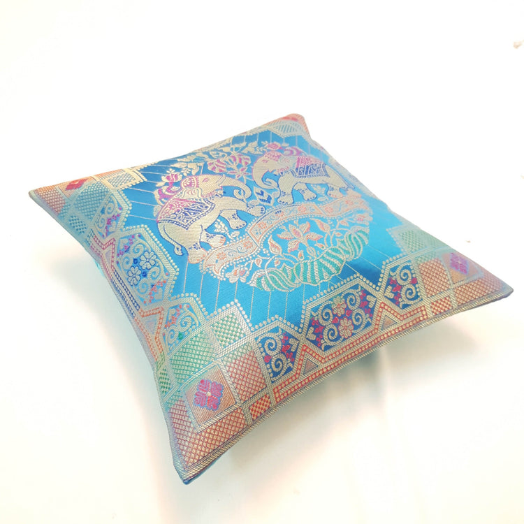 12x12 Inch Cushion Cover Banarasi Turquoise Blue Elephant Woven Brocade Silk