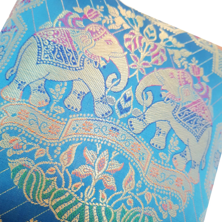 12x12 Inch Cushion Cover Banarasi Turquoise Blue Elephant Woven Brocade Silk