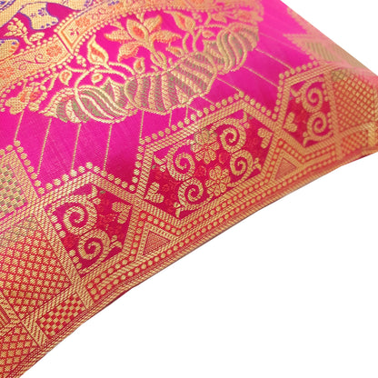 12x12 Inch Pink Cushion Cover Banarasi Indian Elephant Woven Zari Brocade Silk