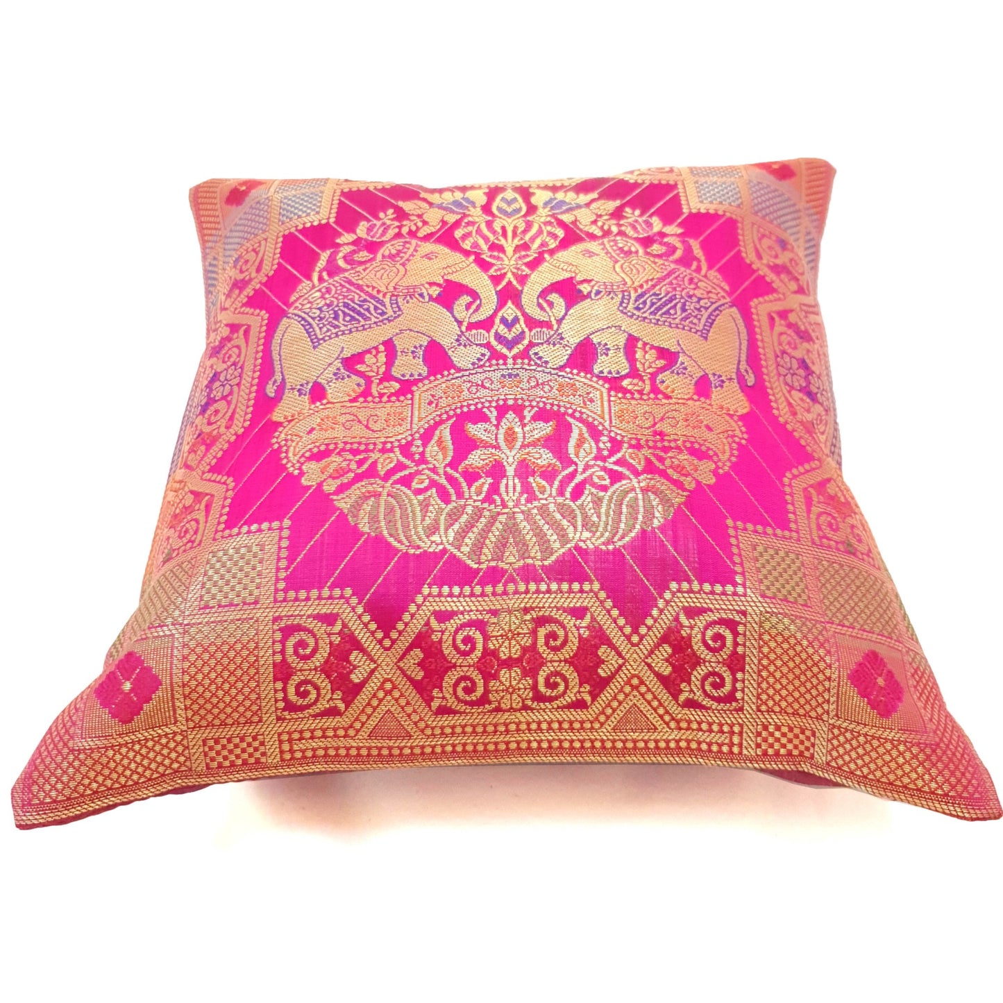 12x12 Inch Pink Cushion Cover Banarasi Indian Elephant Woven Zari Brocade Silk