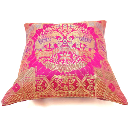 12x12 Inch Pink Cushion Cover Banarasi Indian Elephant Woven Zari Brocade Silk