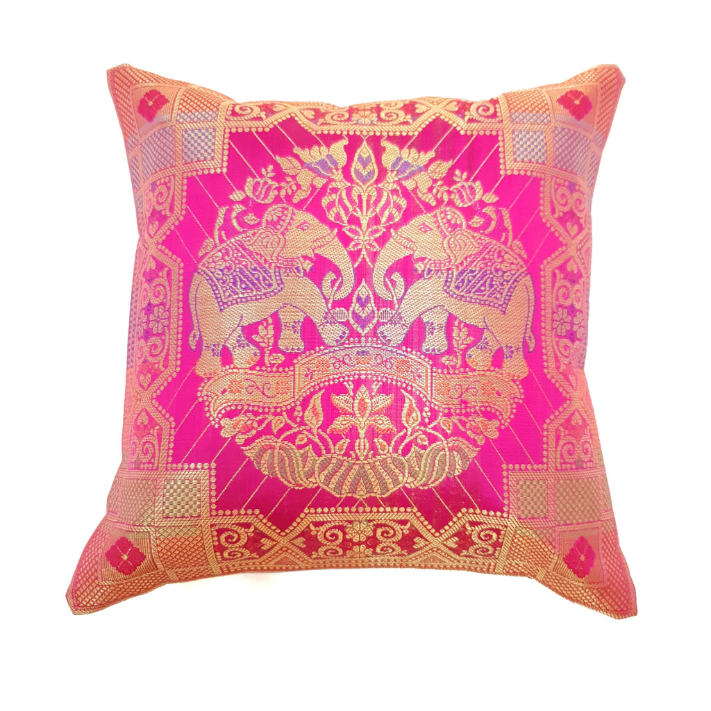12x12 Inch Pink Cushion Cover Banarasi Indian Elephant Woven Zari Brocade Silk